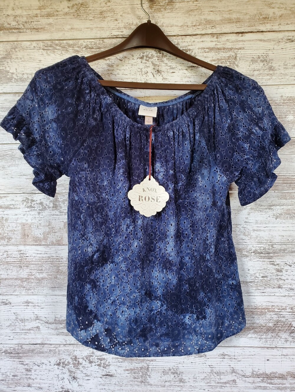 Knox Rose Tie Dye Eyelet Top Flutter Sleeve Blouse Boho Vacation - Picture 1 of 11